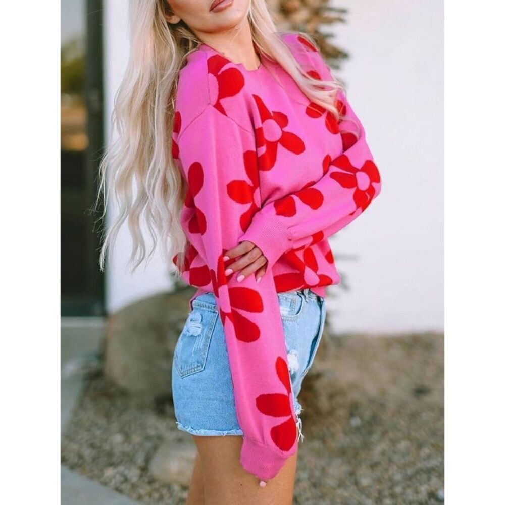 Sweater Pullover Flower Knit Retro